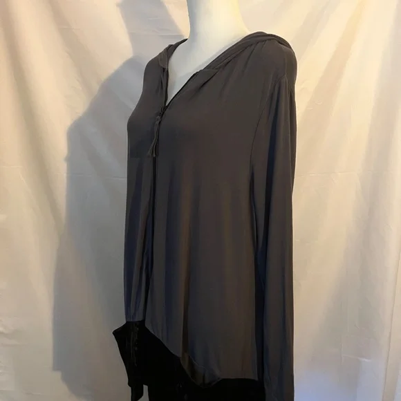 LOGO Lori Goldstein Grey Zip Up Hoodie Jacket with Black Velvet Hem - Picture 2 of 5